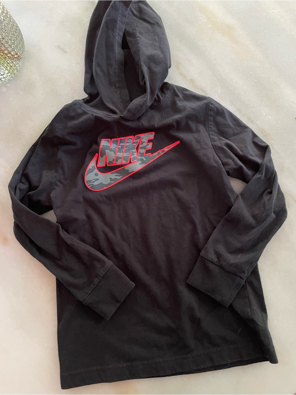 Nike Black Long Sleeve Hooded Tee with Red-Trim Swoosh size 7